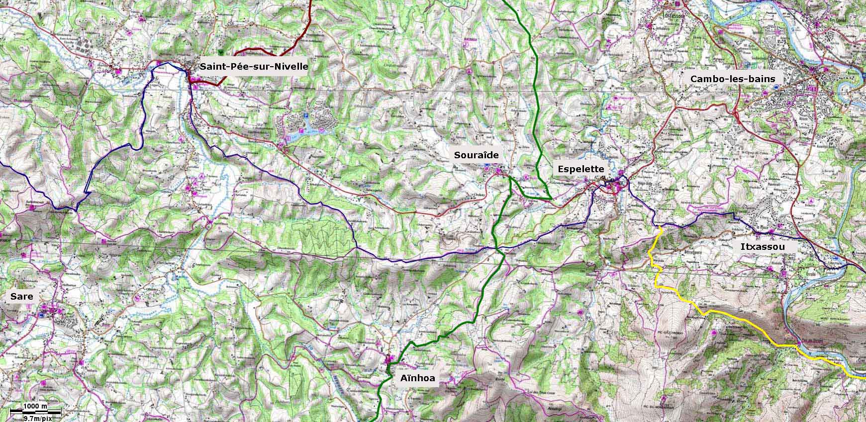 Carte des chemins de Compostelle traversant St Pée